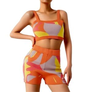Two Piece Sleeveless Printed Knit Beach Summer Crop Top Set Small